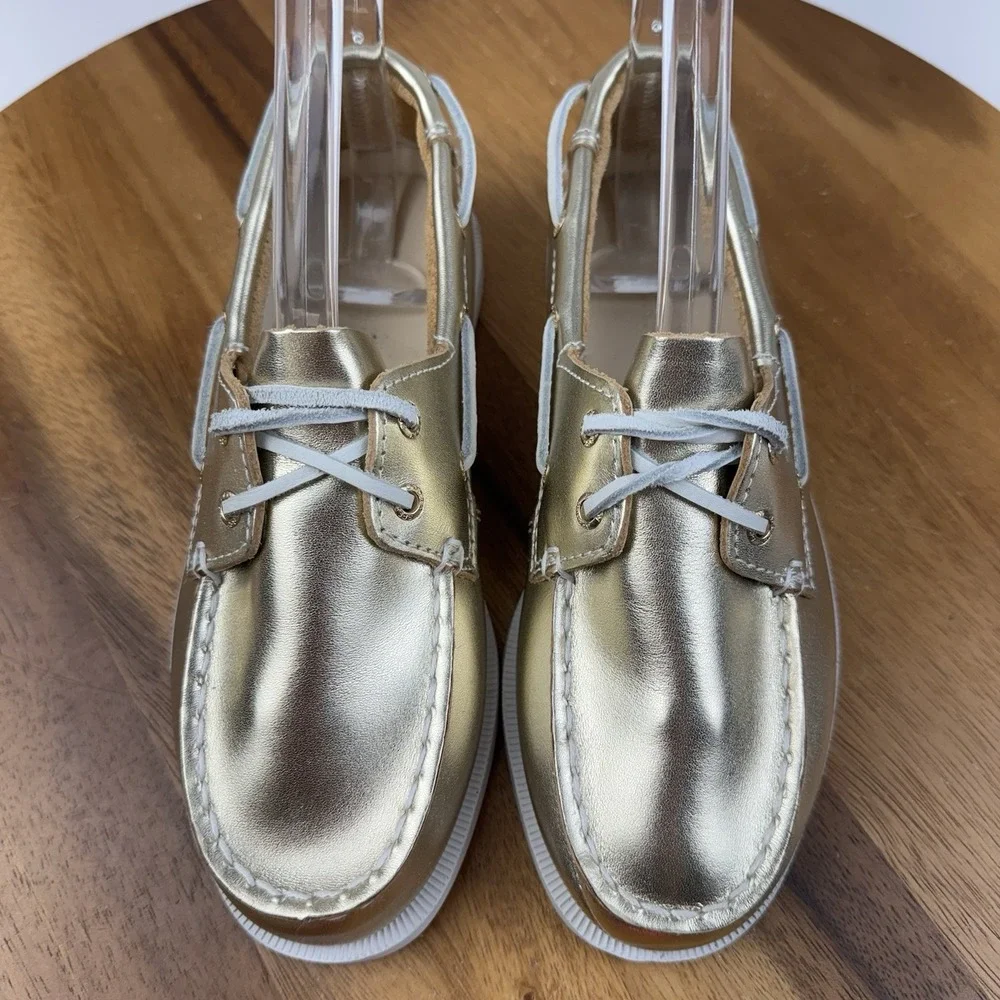 New Big Kids Sperry Top-Sider Authentic Original Gold Metallic Boat Shoes Size 2